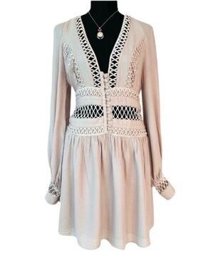 FREE PEOPLE ~ Cream Long Sleeve Lined Cutout Dress size 6